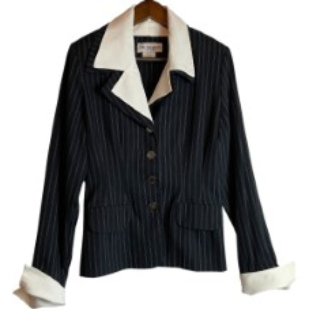 LEW MAGRAM VTG DARK NAVY PINSTRIPED SIZE 10 DETACHABLE COLLAR/CUFFS NWOT